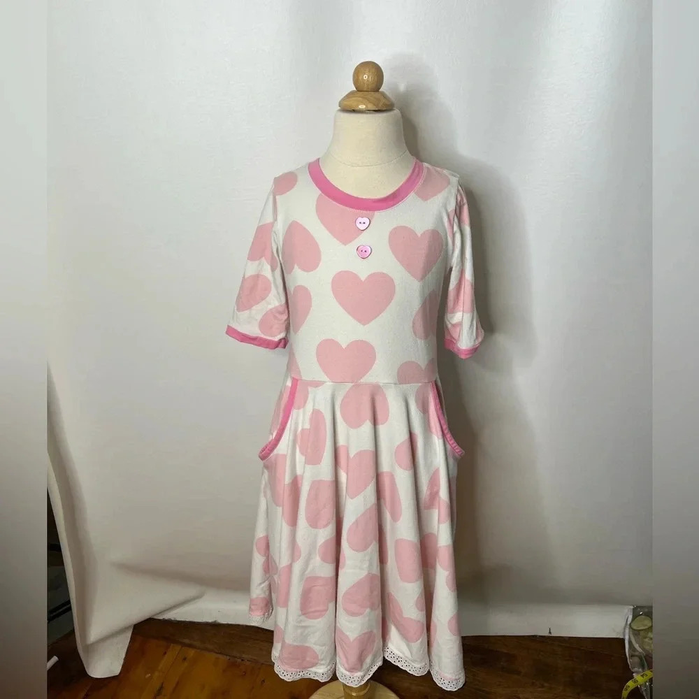 Eleanor Rose girls white pink heart print Camilla dress eyelet trim sz 10/12